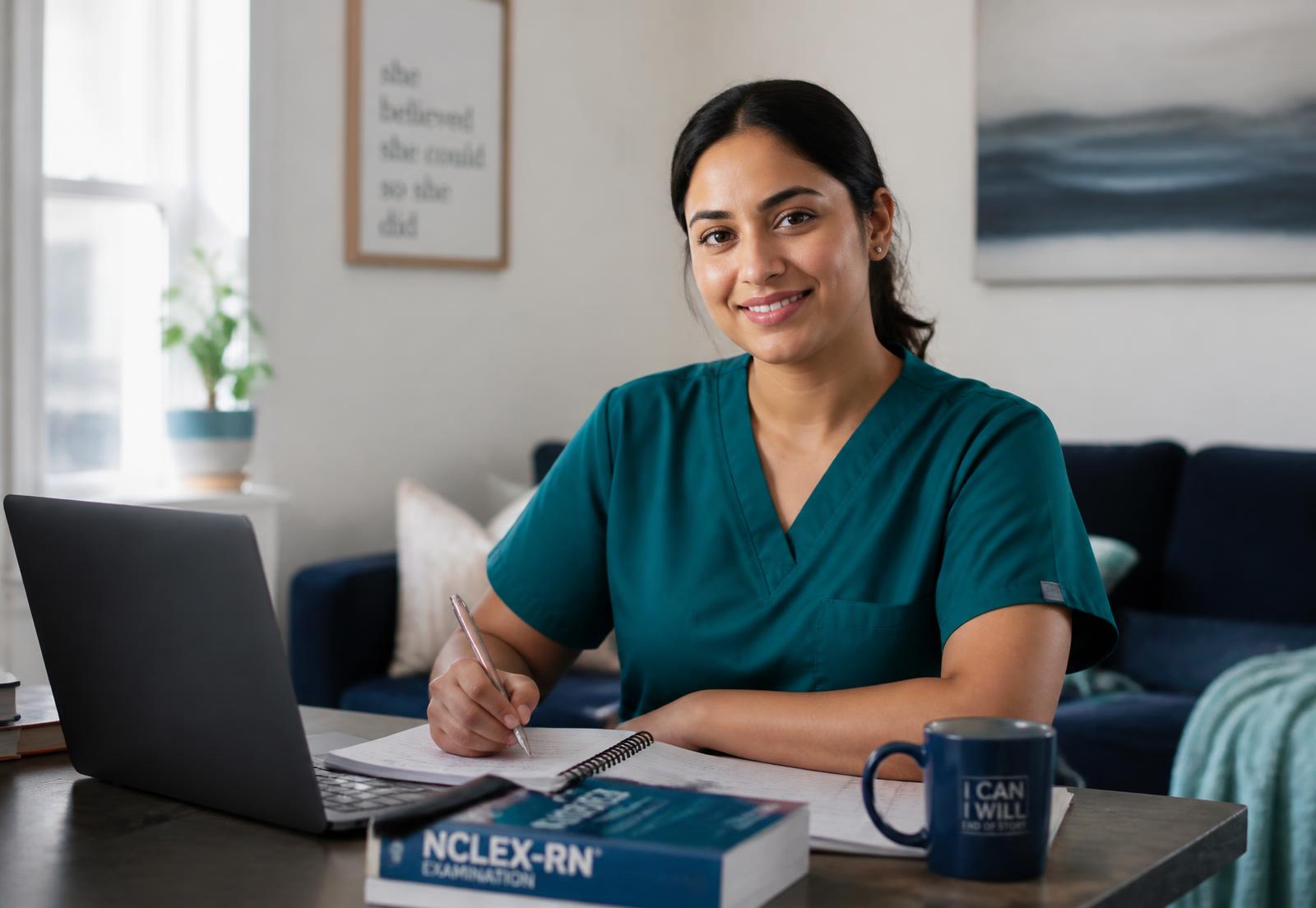 Nurse studying for the NCLEX-RN examination at home